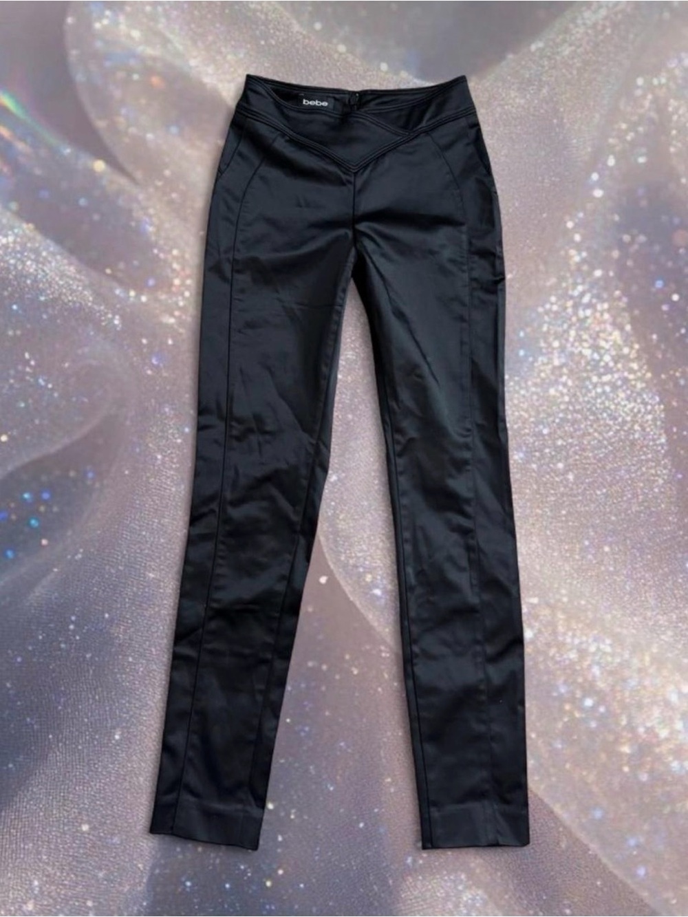 Bebe Black Satin Dress Pants Skinny Fit Retro Waist Structured Glamorous